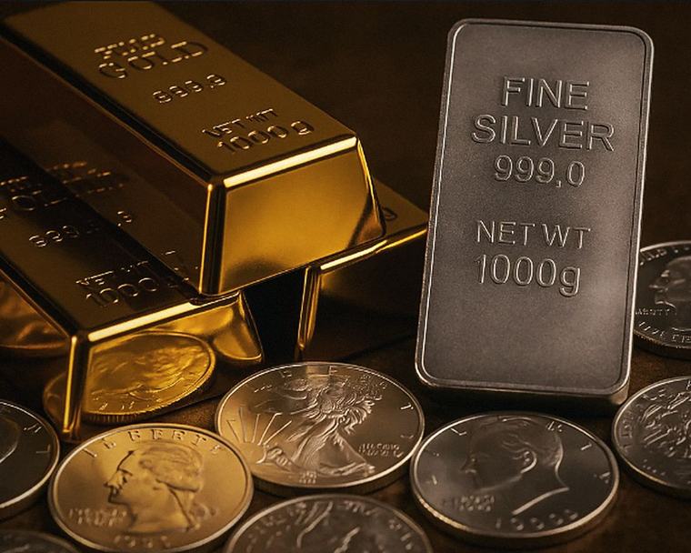 1000 g gold bars and a 999 fine silver bar beside coins